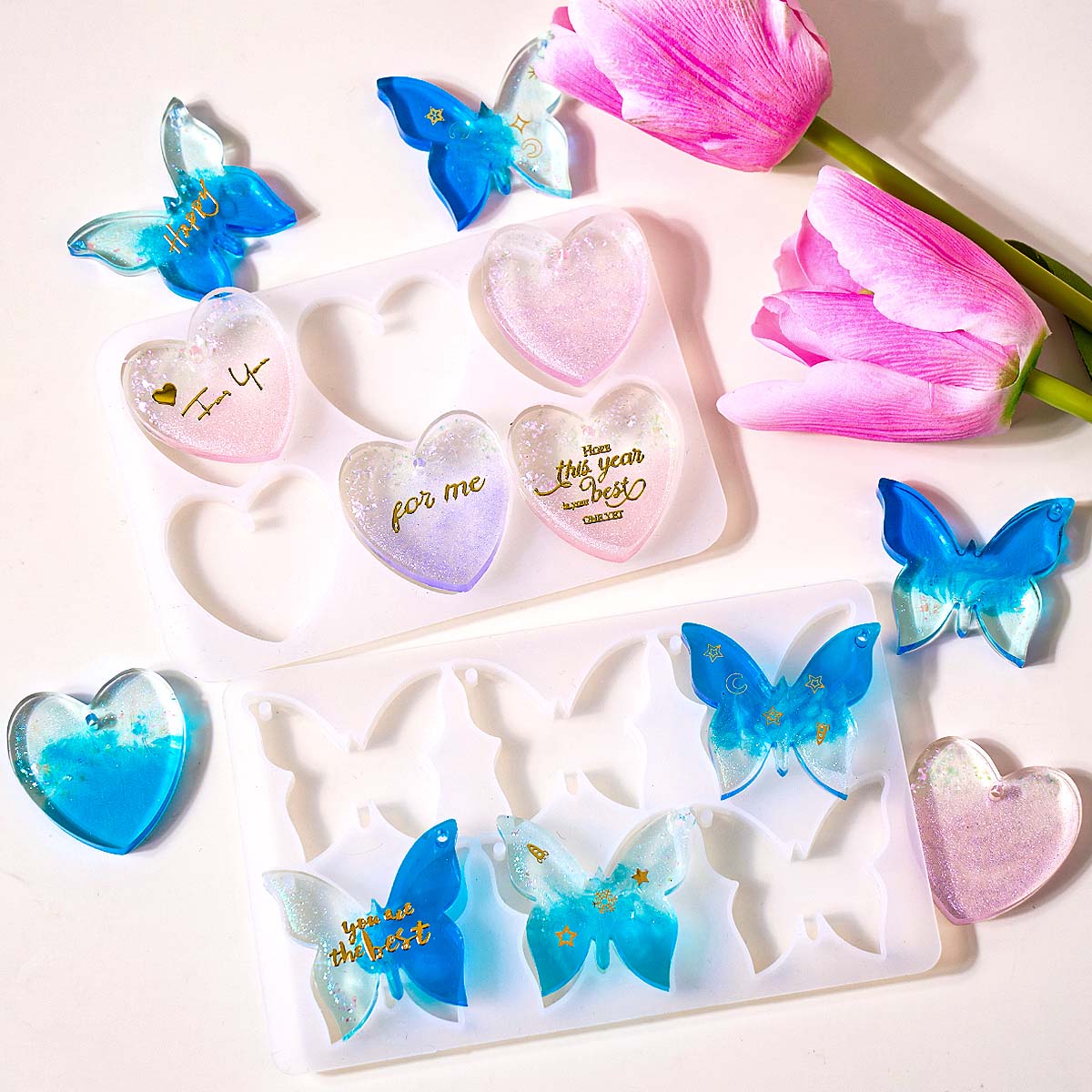 Resin Art Letters - แม่พิมพ์ซิลิโคนรูปหัวใจผีเสื้อแบบหกหลุมสำหรับทำต่างหูเรซิ่นอีพ็อกซี่ DIY จี้พวงกุญแจ งานฝีมือเครื่องประดับ