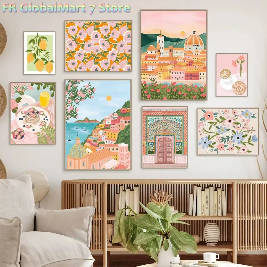 Resin Art Flower - ภาพเพชร 1 ชิ้น ลายซานโตรินี กาแฟเลมอน ดอกไม้